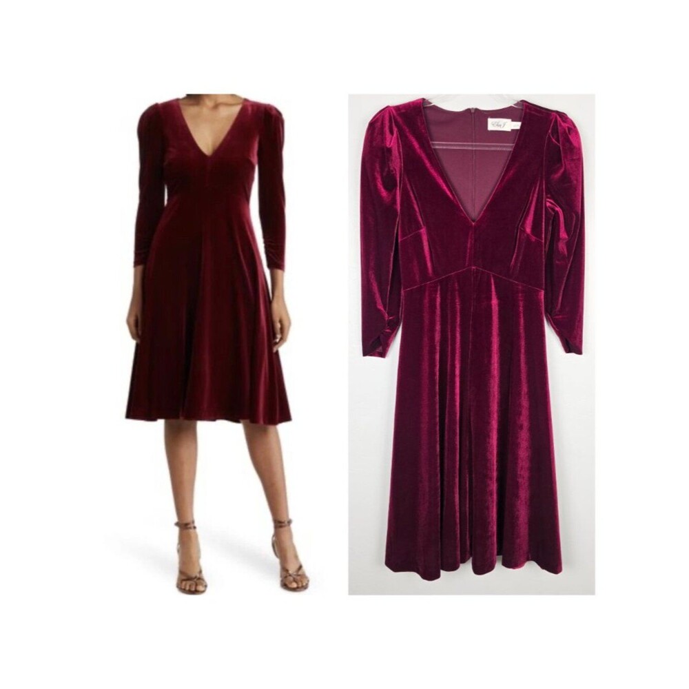 Eliza J Velvet Midi Dress Long Puff Sleeve Stretch Burgundy Cranberry Size 4